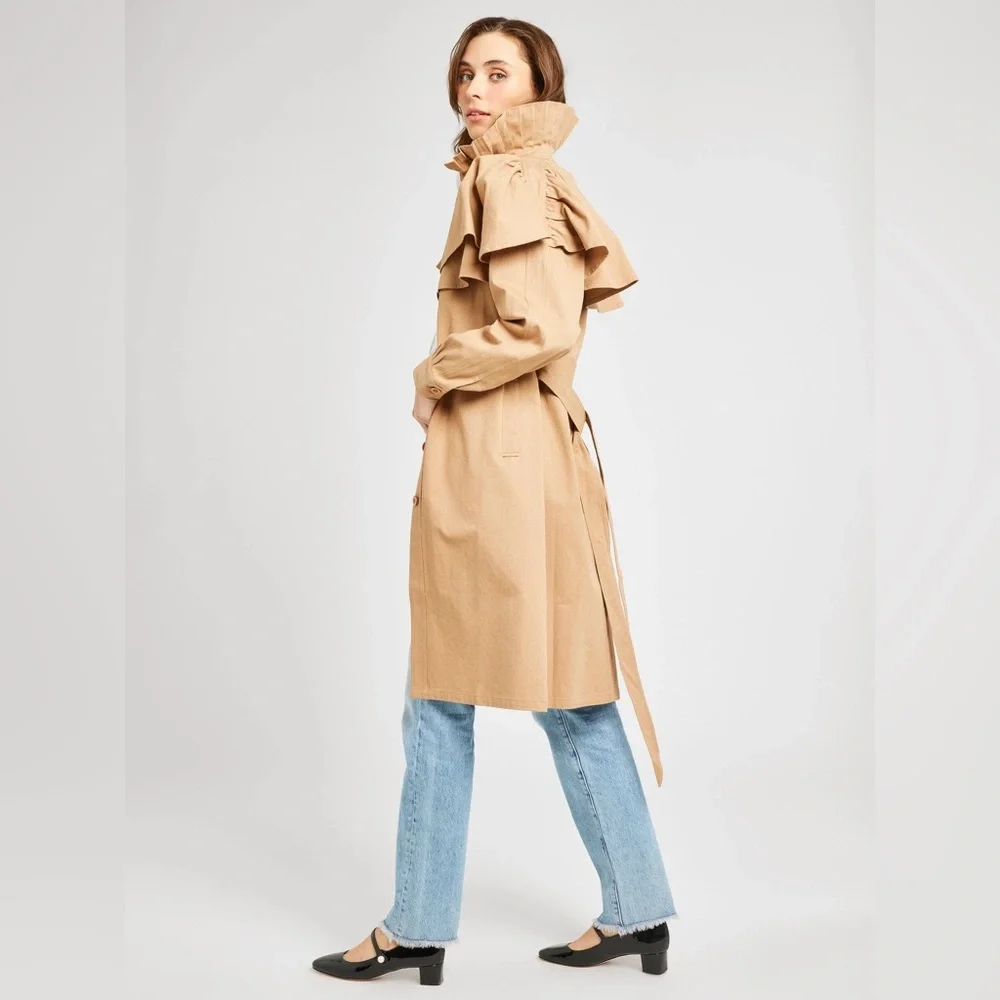 Women’s Camel Trench Coat with Ruffle Cape Detail - Picture 16 of 16
